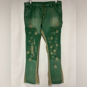 MNML Green & Tan Stars Denim Pants Raw Hemline